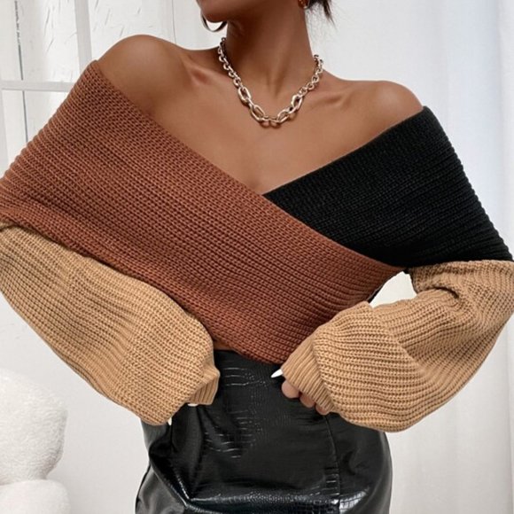 Multi Color Cut And Sew Drop Shoulder Crop Sweater - Picture 5 of 8